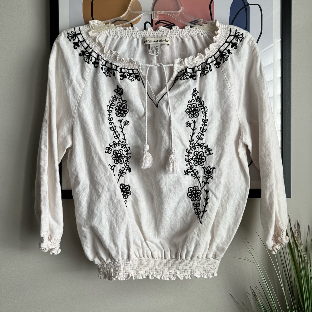 David Brooks White Blouse with Black Embroidery
